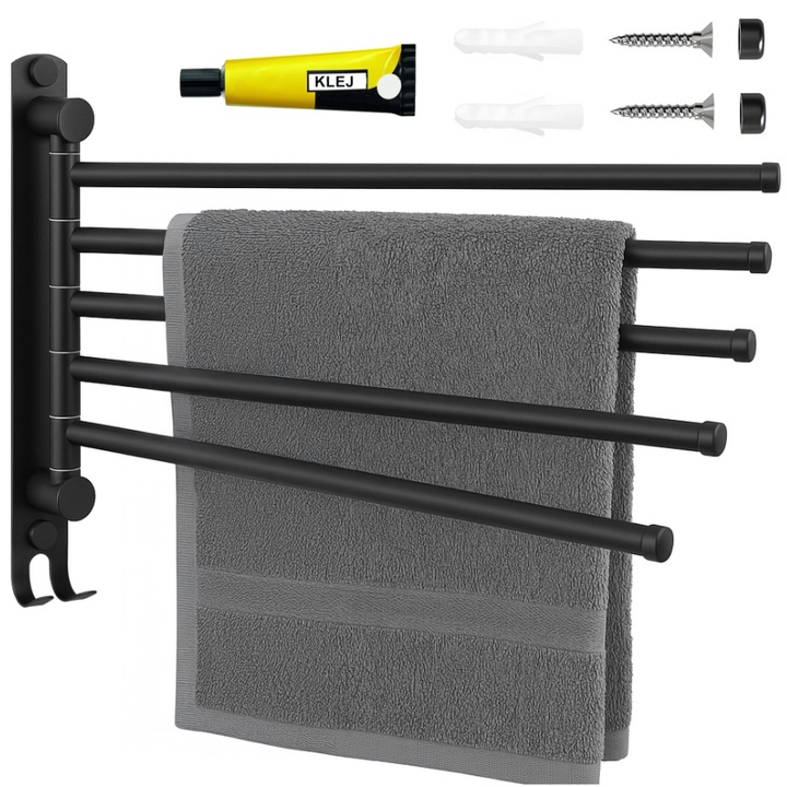 Suport pentru prosoape, 5 brate rotative, negru mat