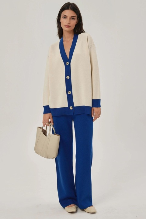 Compleu dama tricotat, HiCCUP, cardigan cu nasturi si pantaloni texturati, acril, bleumarin/bej