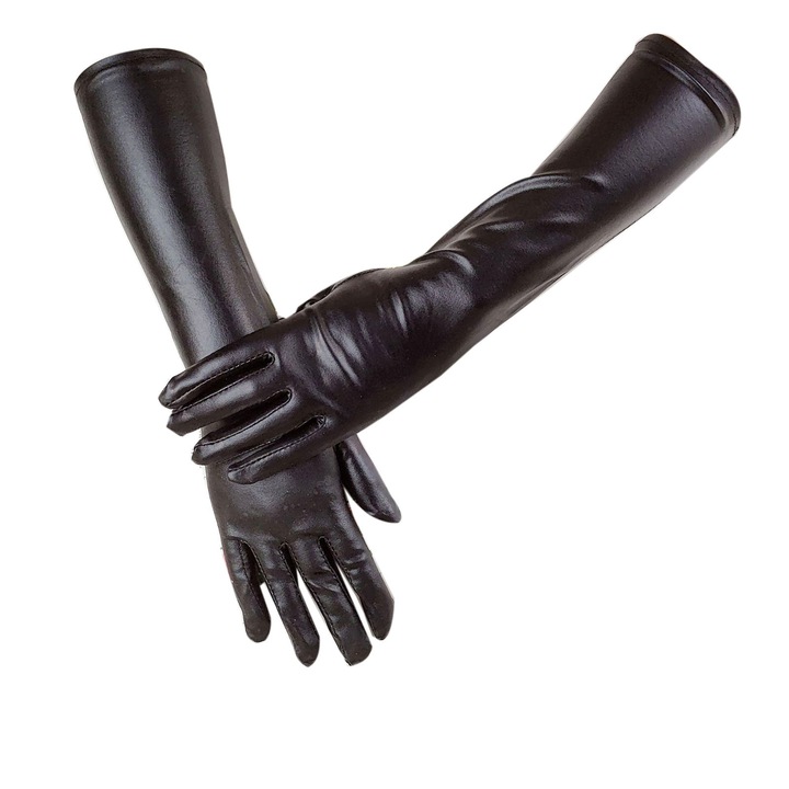 Manusi dama RDWESZOD, lungi, satin metalic, negre, marime unica