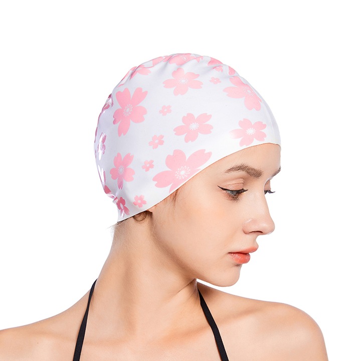 Casca de inot din silicon, RDWESZOD, model cu imprimeu floral, alb-roz, pentru par lung, unisex