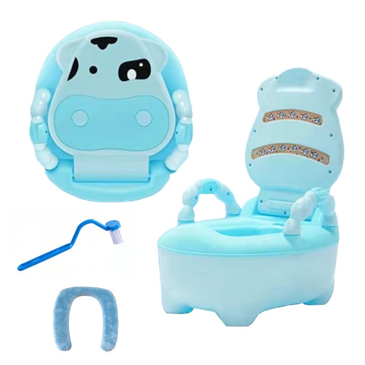 Olita pentru Copii, Unloshe, cu model de vaca, capacitate 60 kg, cu maner si perie, Vas Detasabil, Suprafata Antialunecare,6+Luni, Educativa, aza antiderapanta, albastra