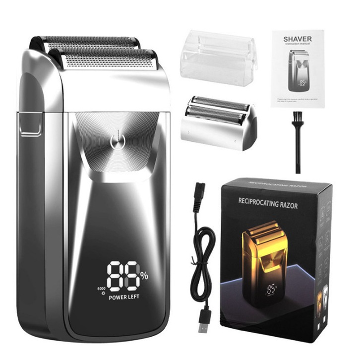 Професионална електрическа самобръсначка, Unloshe, самобръсначка и тример, фолио от титан и неръждаема стомана, LED дисплей, водоустойчива IPX7, Комплект за пътуване, сребърна