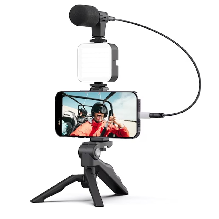 Professzionális blogfotózási készlet, ZOUN, Youtube- és TikTok-videókhoz, LED-ek, mikrofon, Bluetooth vezérlés, összecsukható pisztoly állvány, kamera/okostelefon kompatibilis, univerzális, fekete
