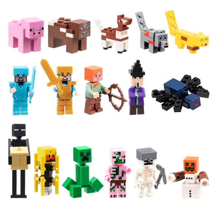 Комплект от 16 фигурки Minecraft, ZOUN, строителни блокове, колекционерски предмети, декорации за торти, PVC, за деца над 3 години, различни същества, многоцветни