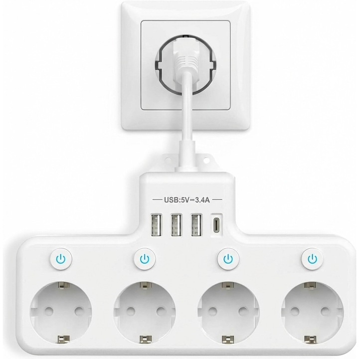 XPQKDC® Prelungitor cu Prize si Comutatoare Independente, 4000W, 4 Prize, 3 Porturi USB-A si 1 Port USB-C, Suport pentru Incarcare Rapida 18W, 4 Intrerupatoare Individuale, Alb