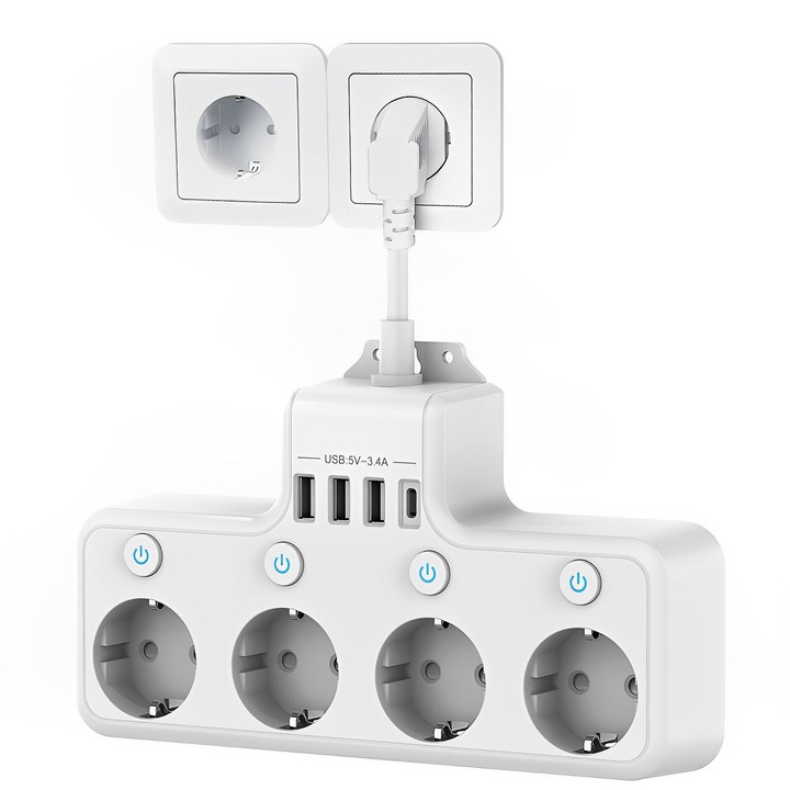 Разклонител 4000W, 4 контакта/3 USB-A/1 USB-C, XPQKDC, 4 независими превключвателя, бял