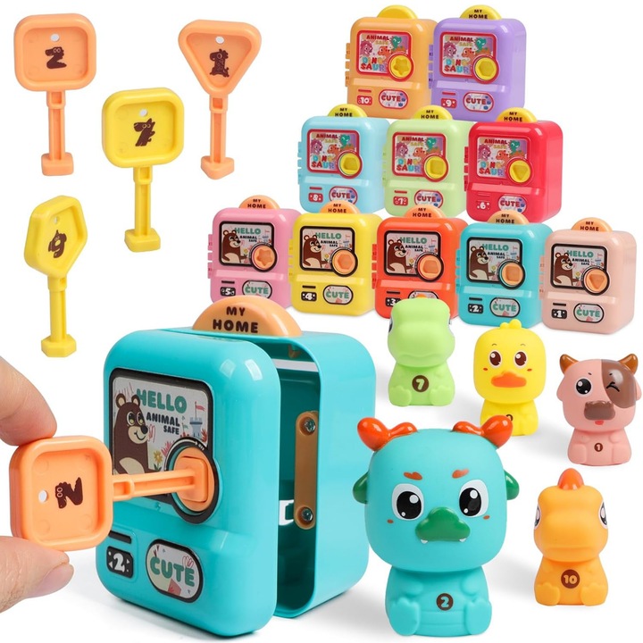 Jucarie Educativa Montessori pentru Copii - Set Interactiv de Asociere, Sortare, Numarare si Invatare - Contine 10 Figurine cu Diverse Animale, 10 Casute Numerotate si 10 Cheite Geometrice pentru Deschidere - 3 Ani+