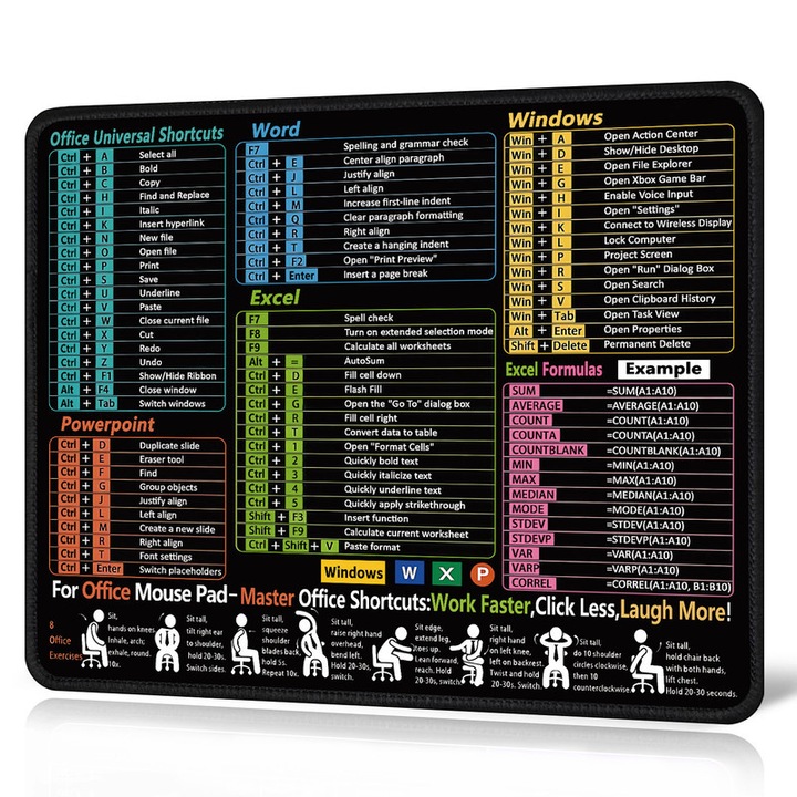 Mouse Pad, Rubber Material, Non-Slip, Stitched Edges, 250×300×2mm, Excel Shortcut Keys Pattern