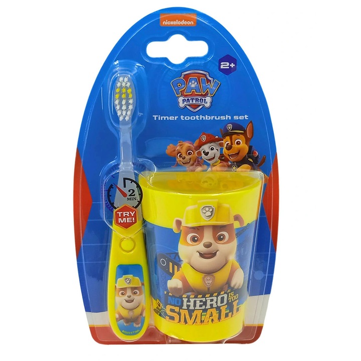 Disney elektromos fogkefe, Rubble, LED, sárga, gyermekeknek, készlet pohárral