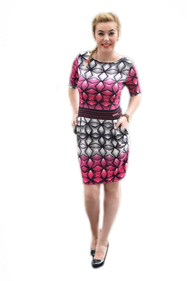 Rochie casual, feminina ,imprimeu grafic, D&J Exclusive, Roz/Gri