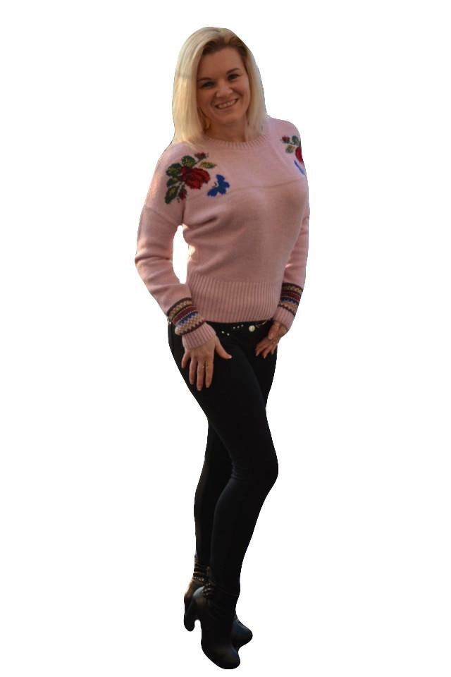 Bluza trendy cu maneca lunga cazuta, din tricot,D&J Exclusive, Roz