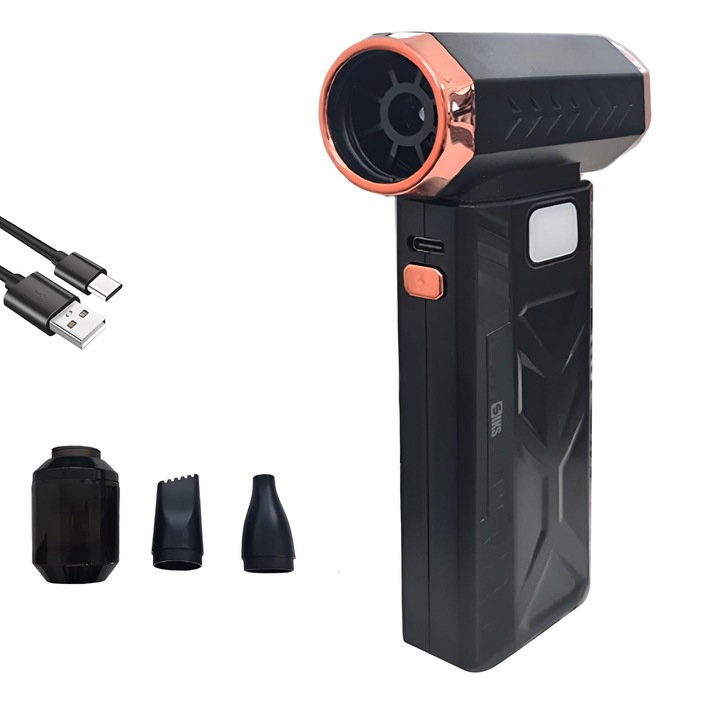 Мини Безжичен Вентилатор и Прахосмукачка SIKS, 2 в 1, 5 скорости, 3 аксесоара, LED светлина, Преносима, За отстраняване на прах от компютър, клавиатура, монитор, животински косми, Черен