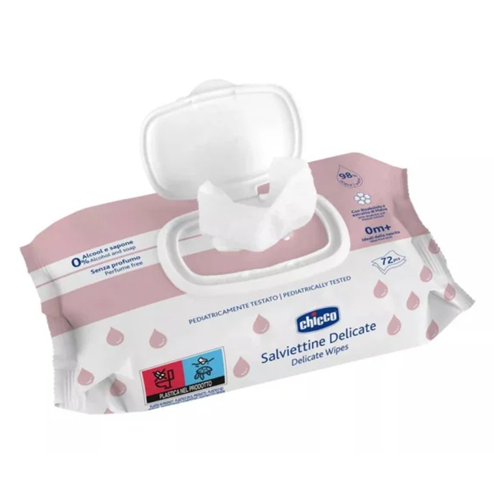 Pachet 6XServetele umede delicate fara alcool si sapun 0 luni+, 72 de bucati, Chicco