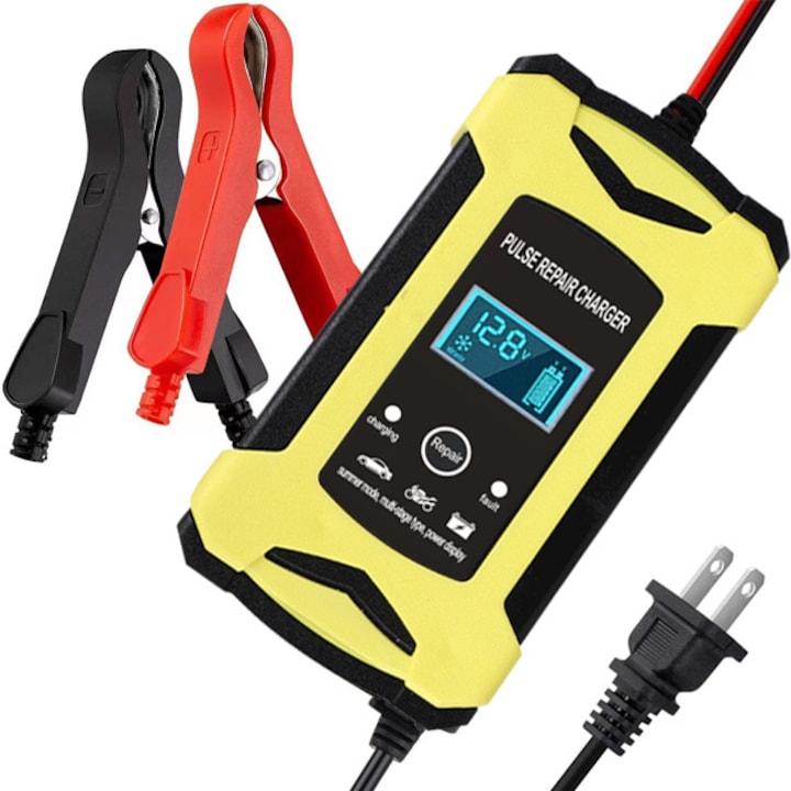 Impulzus Töltő, Autó és motor akkumulátor javításához, Kék LCD Kijelző, 12.8V, 10000 mAh, Piros és fekete csipeszekkel