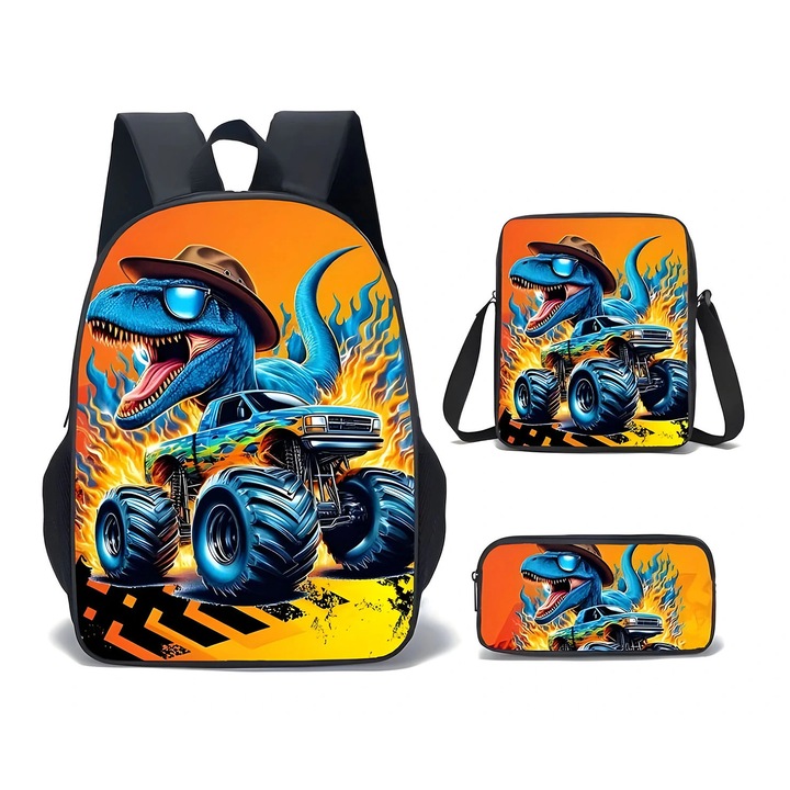3 darabos iskolai készlet - Hátizsák, tolltartó, crossbody táska - Kék dinoszaurusz, 38x29x14cm, 23x20x5cm