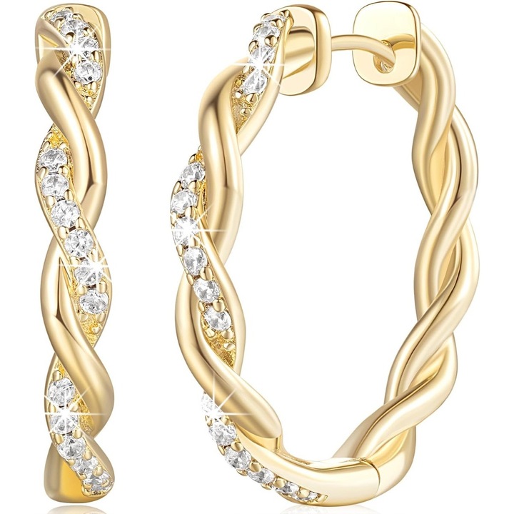 Cercei aur 14k dama impletiti cu Zirconia 29mm cercei aur 14k rotunzi eleganti, cercei aur modele noi potriviti pentru cadouri speciale, aniversari, Craciun, Valentine’s Day si orice ocazie deosebita