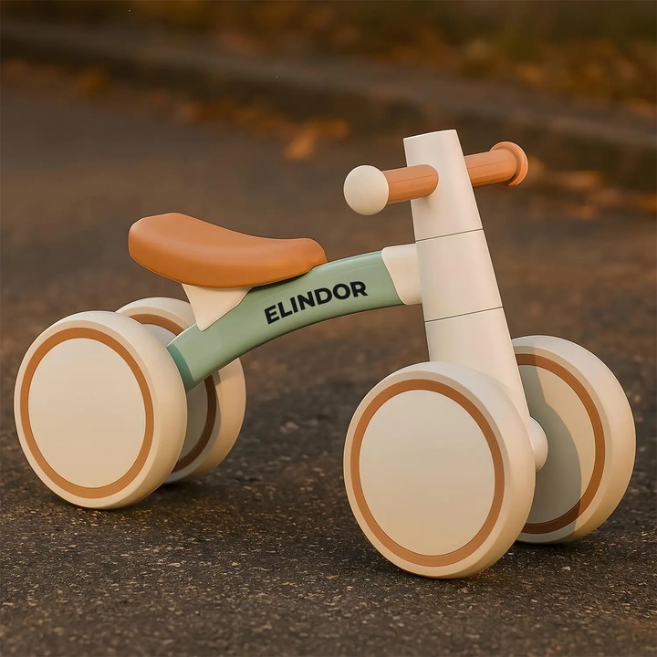 Elindor® Pedál Nélküli Bicikli Gyermekeknek, 4 Kerékkel, Könnyű, Csendes, Robusztus, Ergonomikus Üléssel, Fejleszti az Egyensúlyt és a Koordinációt, 12-24 Hónapos Gyermekeknek, 36 × 56 × 25 cm, Zöld