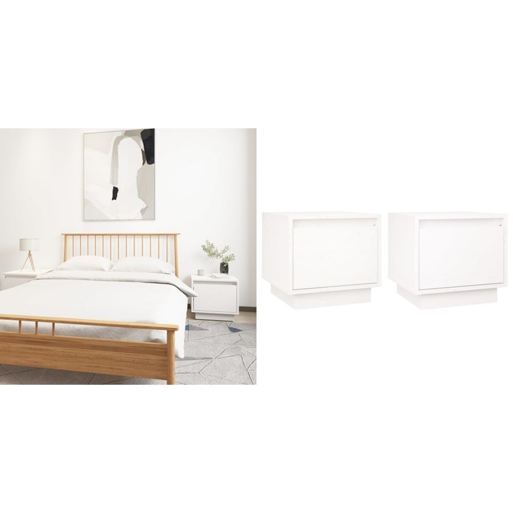 Noptiere, 2 buc., alb, 35x34x32 cm, lemn masiv de pin