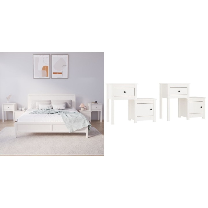 Noptiere, 2 buc., alb, 79, 5x38x65, 5 cm, lemn masiv de pin