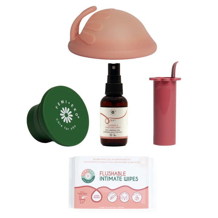 Set Femieko reutilizabil, disc menstrual din silicon medical roz, sterilizator pliabil, aplicator pentru insesare, servetele intime biodegradabile si spray pentru sanitizare