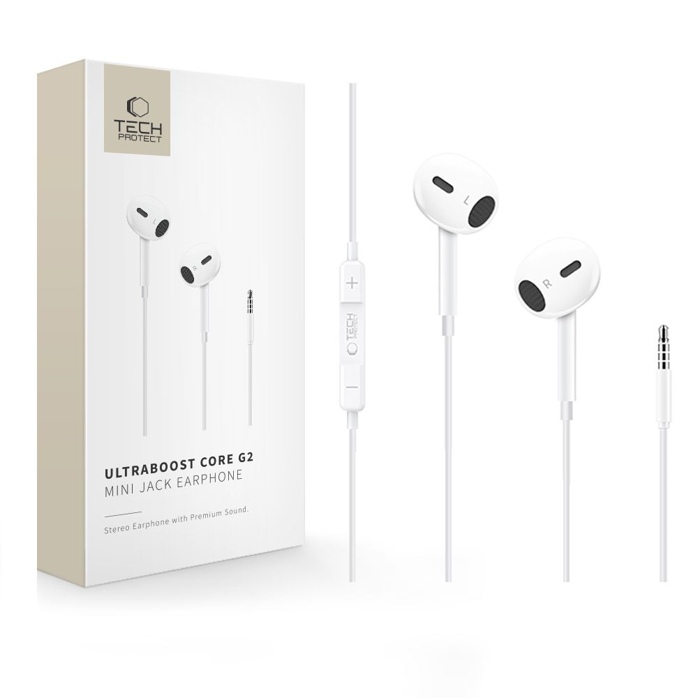 Casti audio cu microfon TECH-PROTECT Ultraboost Core G2, In-ear, Control pe fir, Jack 3.5 mm, Lungime cablu 1.2m, Alb