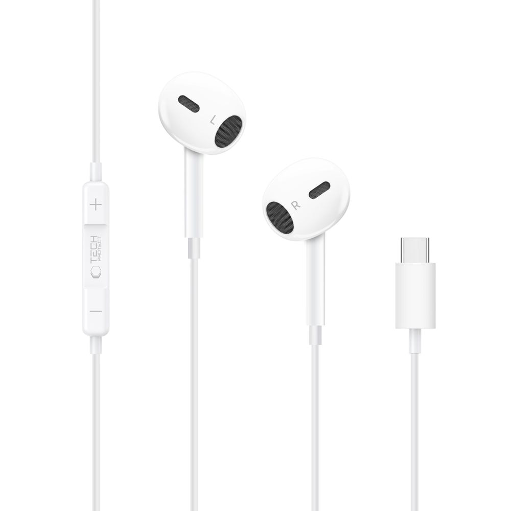 Casti audio cu microfon TECH-PROTECT Ultraboost Core G2, In-ear, Control pe fir, USB-C, Lungime cablu 1.2m, Alb