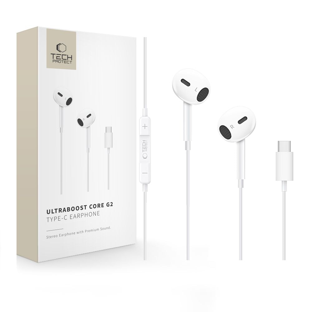 Casti audio cu microfon TECH-PROTECT Ultraboost Core G2, In-ear, Control pe fir, USB-C, Lungime cablu 1.2m, Alb