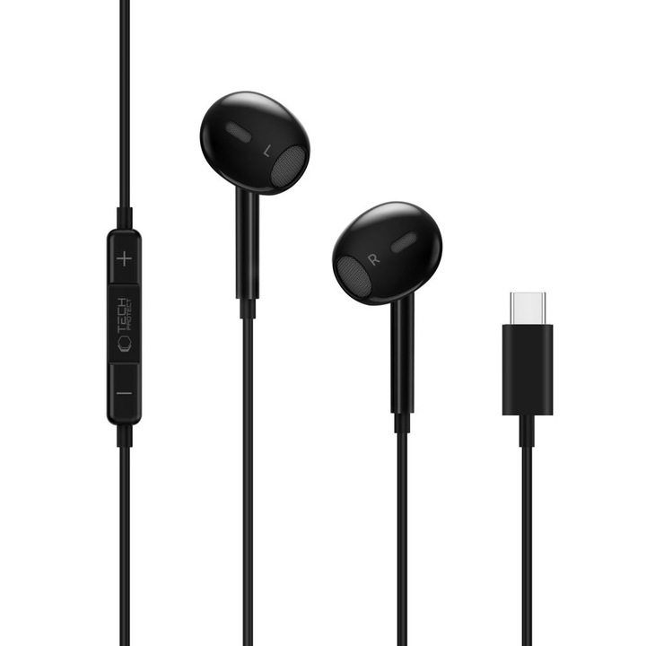 Casti audio cu microfon TECH-PROTECT Ultraboost Core G2, In-ear, Control pe fir, USB-C, Lungime cablu 1.2m, Negru