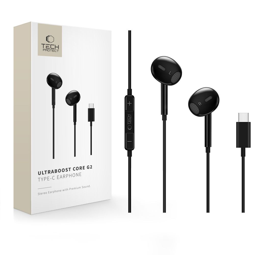 Casti audio cu microfon TECH-PROTECT Ultraboost Core G2, In-ear, Control pe fir, USB-C, Lungime cablu 1.2m, Negru
