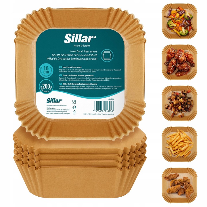 Set hartie de copt pentru friteuza cu aer, Air Fryer, 4x 50 bucati, unica folosinta, 16x16 cm, forma patrata, neaderent