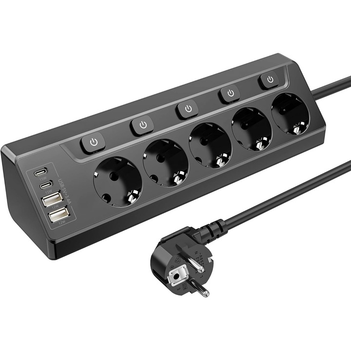 Hosszabbító 5 aljzattal és 4 USB porttal, Buyya®, 2xUSB-A (12W) + 2xType-C (15W), 45°-os szögű kialakítás, 2m kábel, Egyedi kapcsolók, Irodába/Otthonra, Fekete