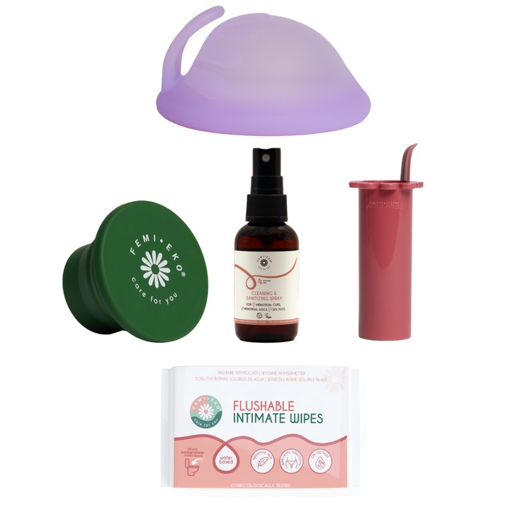 Set Femieko reutilizabil, disc menstrual din silicon medical mov cu saniconcentrate, sterilizator pliabil, aplicator pentru insesare, servetele intime biodegradabile si spray pentru sanitizare