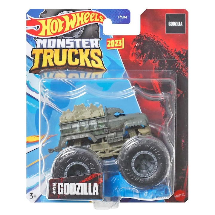 Masinuta Hot Wheels Monster Truck Godzilla, roti gigantice, scala 1:64, 14x7x16.5cm, varsta recomandata 3 ani+