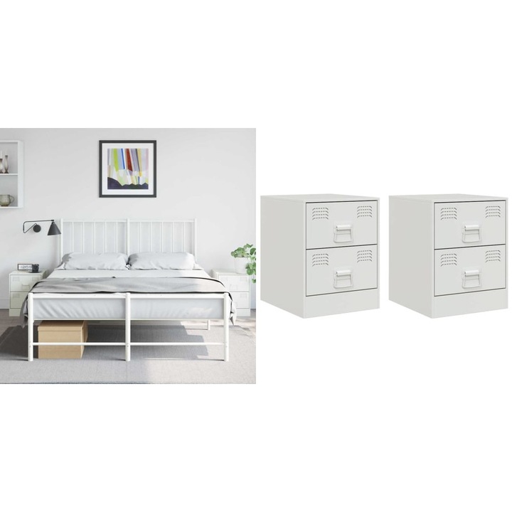 Noptiere, 2 buc., alb, 34, 5x39x44 cm, otel