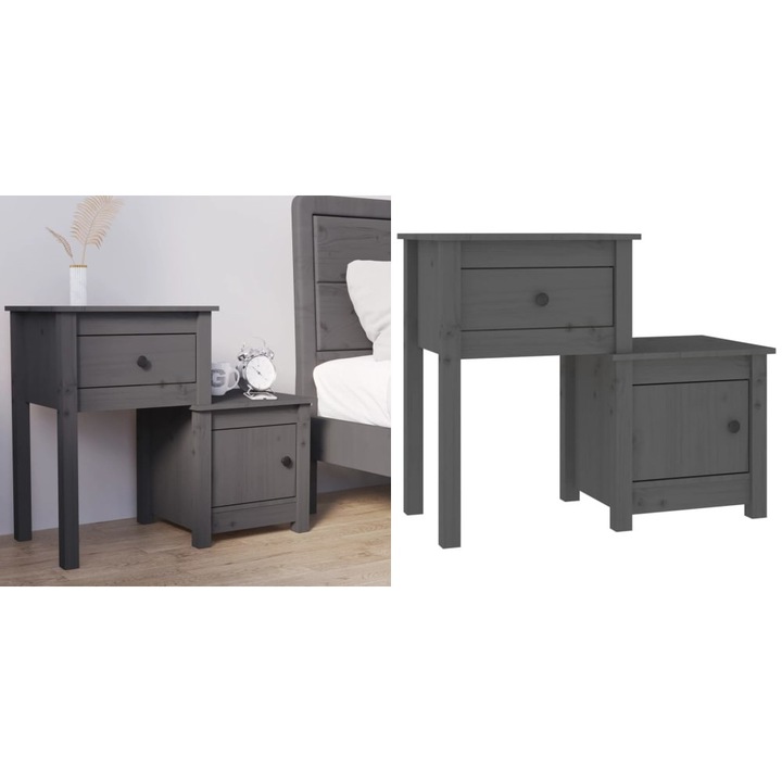 Noptiera, gri, 79, 5x38x65, 5 cm, lemn masiv de pin