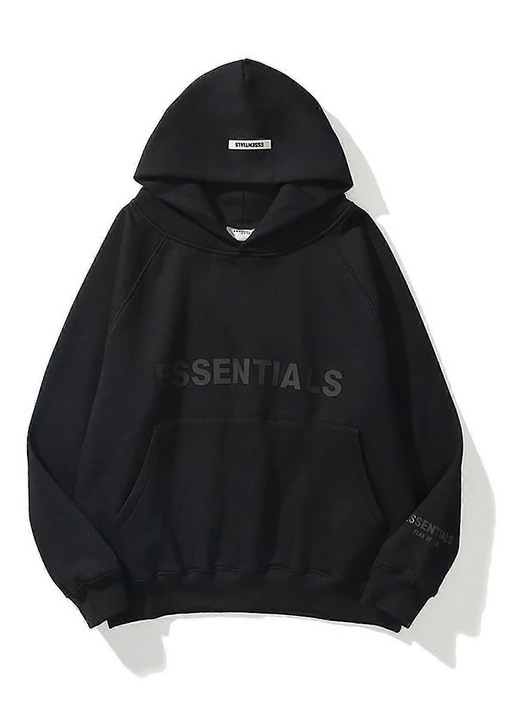 Hanorac unisex, bumbac, cu gluga si buzunare tip cangur, negru