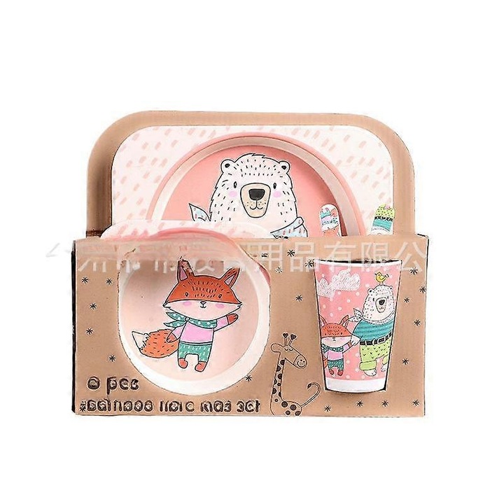 Set de vesela pentru copii din fibra de bambus, 5 piese, design cu animale, multicolor