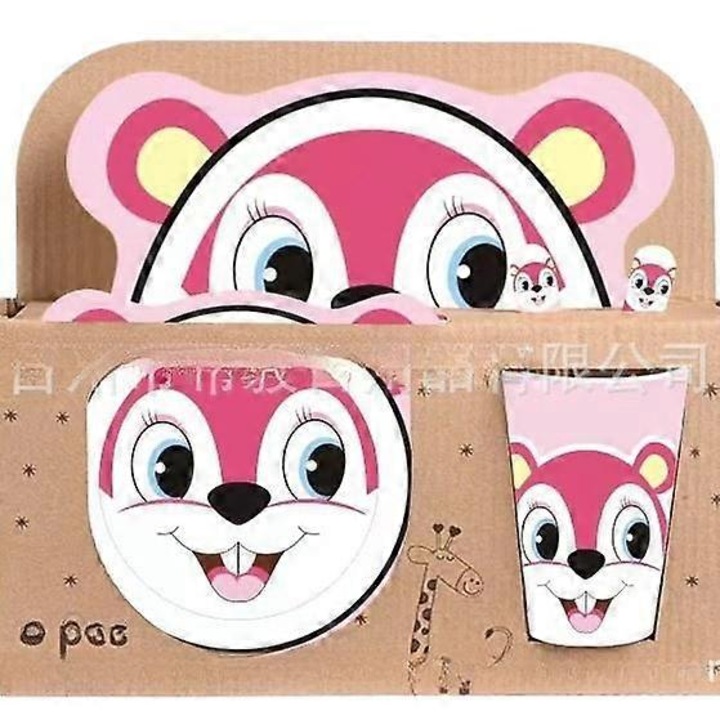 Set de vesela pentru copii din fibra de bambus, 5 piese, design cu animale, multicolor