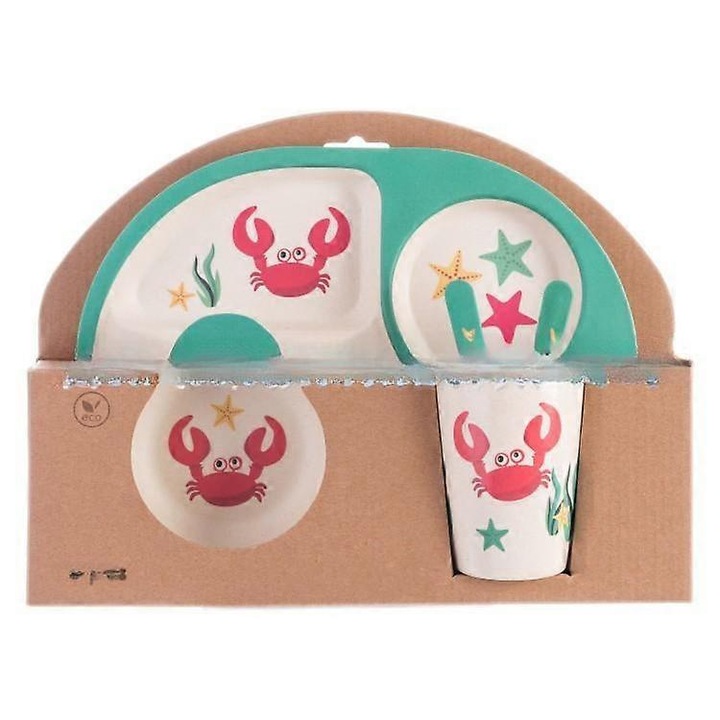 Set de vesela pentru copii din fibra de bambus, 5 piese, design cu animale, multicolor, rectangular