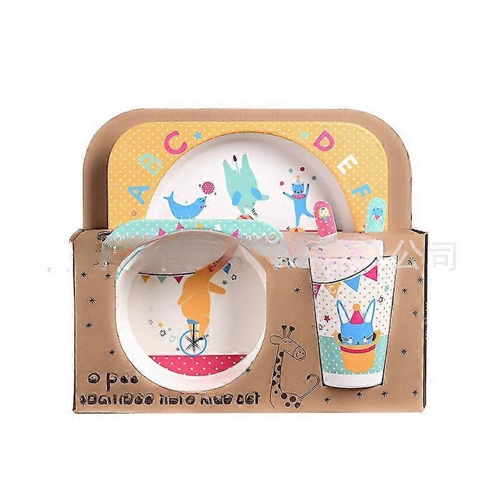 Set de vesela pentru copii din fibra de bambus, 5 piese, design cu animale, multicolor
