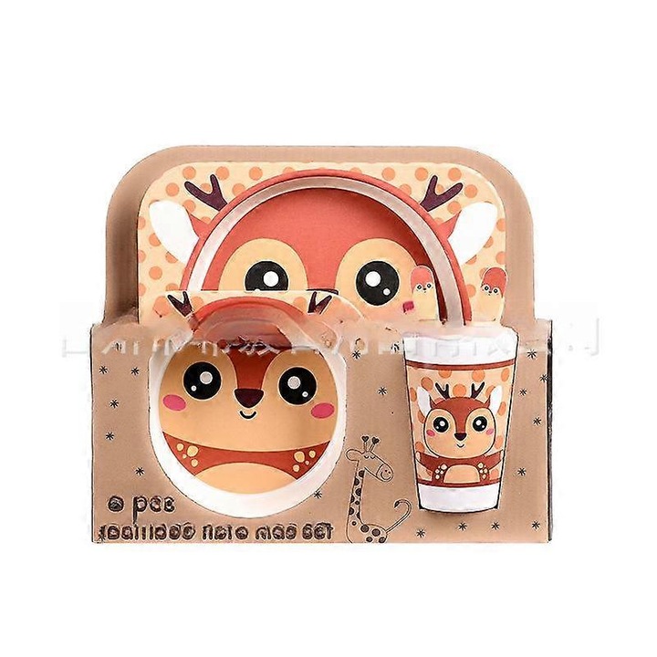 Set de vesela pentru copii din fibra de bambus, 5 piese, design cu animale, multicolor