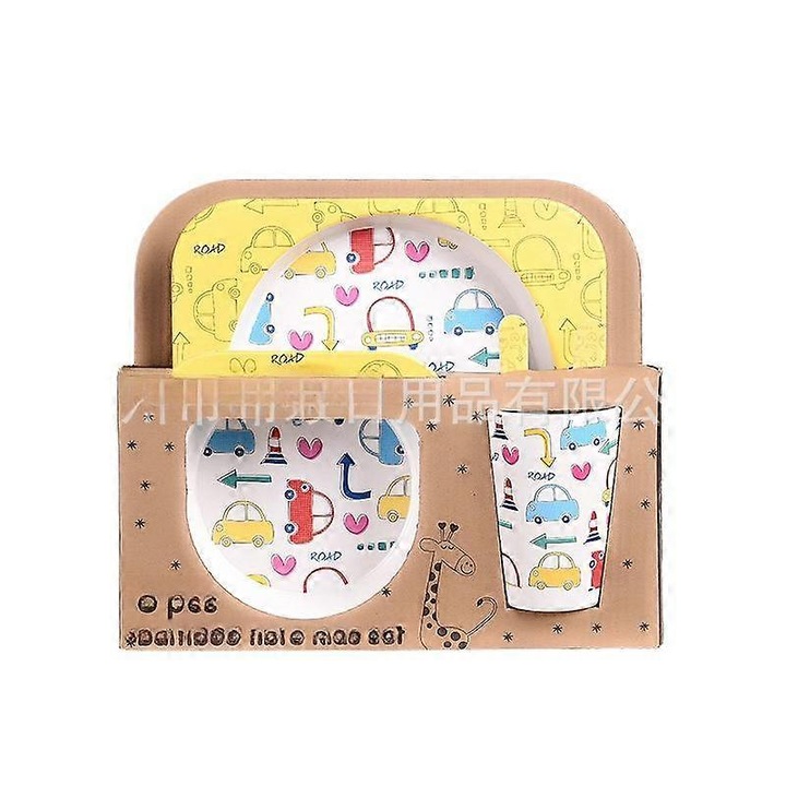 Set de vesela pentru copii din fibra de bambus, 5 piese, design cu animale, multicolor