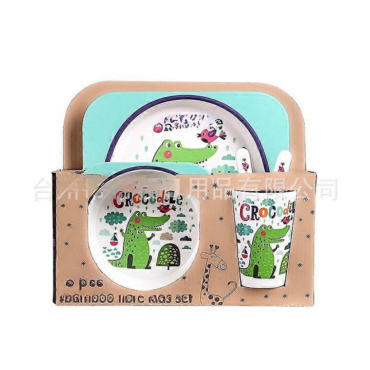 Set de vesela pentru copii din fibra de bambus, 5 piese, design cu animale, multicolor
