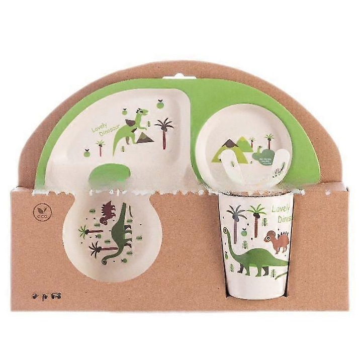 Set de vesela pentru copii din fibra de bambus, 5 piese, design cu dinozauri, multicolor