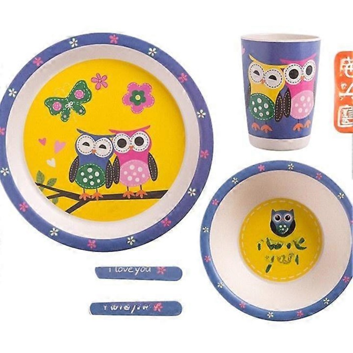 Set de vesela pentru copii din fibra de bambus, 5 piese, design cu animale, multicolor