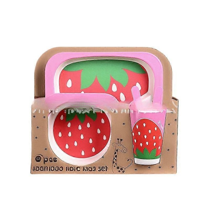 Set de vesela pentru copii din fibra de bambus, 5 piese, design cu animale, multicolor