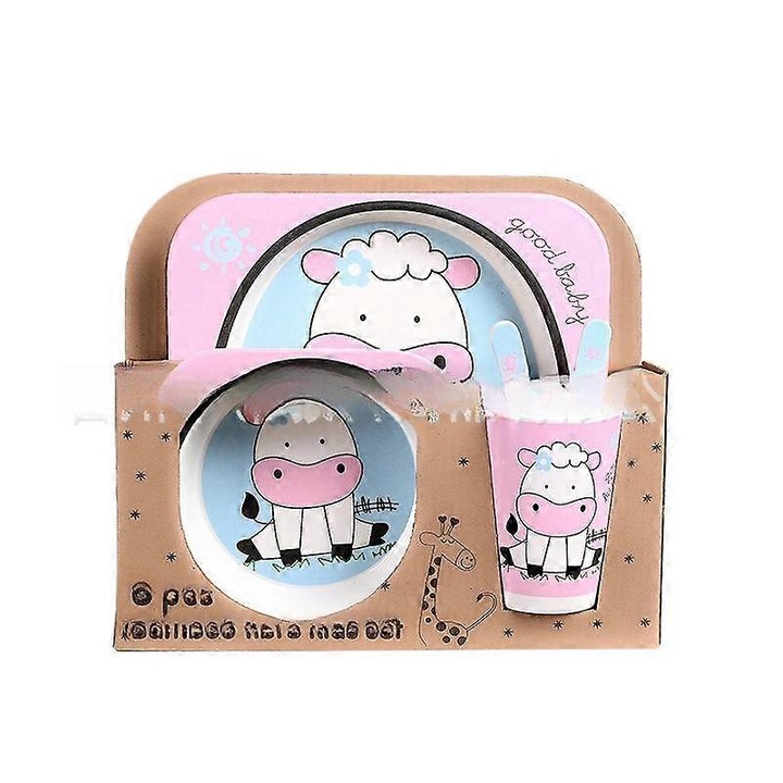 Set de vesela pentru copii din fibra de bambus, 5 piese, roz, cu desene animate