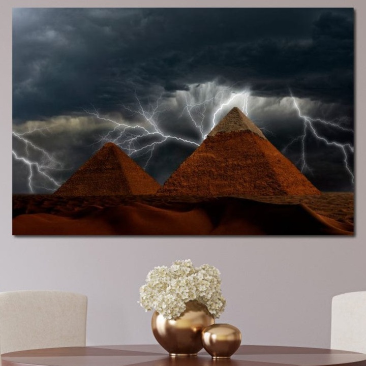 Картина на канава LuxCanva® O1036, Premium, Пирамиди под Бурята на Боговете, 70 X 100 СМ, Платно 100% Памук 400гр/м2, Рамка, Дърво, За Офис, Всекидневна, Спалня