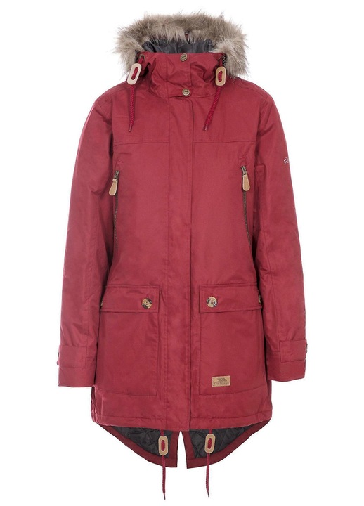 Női piros vízálló dzseki, poliészter/PU, állítható kapucnival és hátsó szellőzéssel