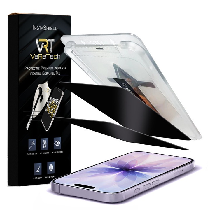 Folie de Protectie Privacy, InstaShield by VeReTech pentru iPhone 17, cu Kit de Aplicare Instanta si Functie Automata de Indepartare a Prafului, din Sticla Securizata 9H+, Claritate Super HD, Tratament Electronic Oleofobic si Anti Amprente